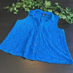 Blue Lace Sleeveless Button Front Sleeveless Blouse Top